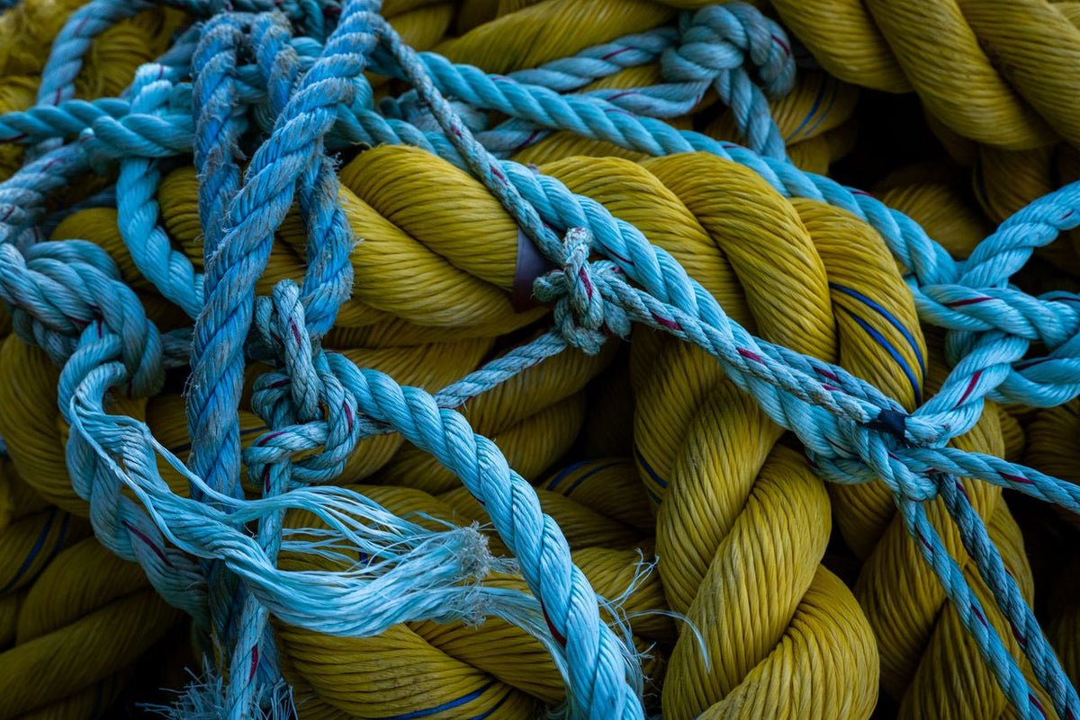 Recycling Ropes Yellow and blue Mooring rope (for recycling) close up