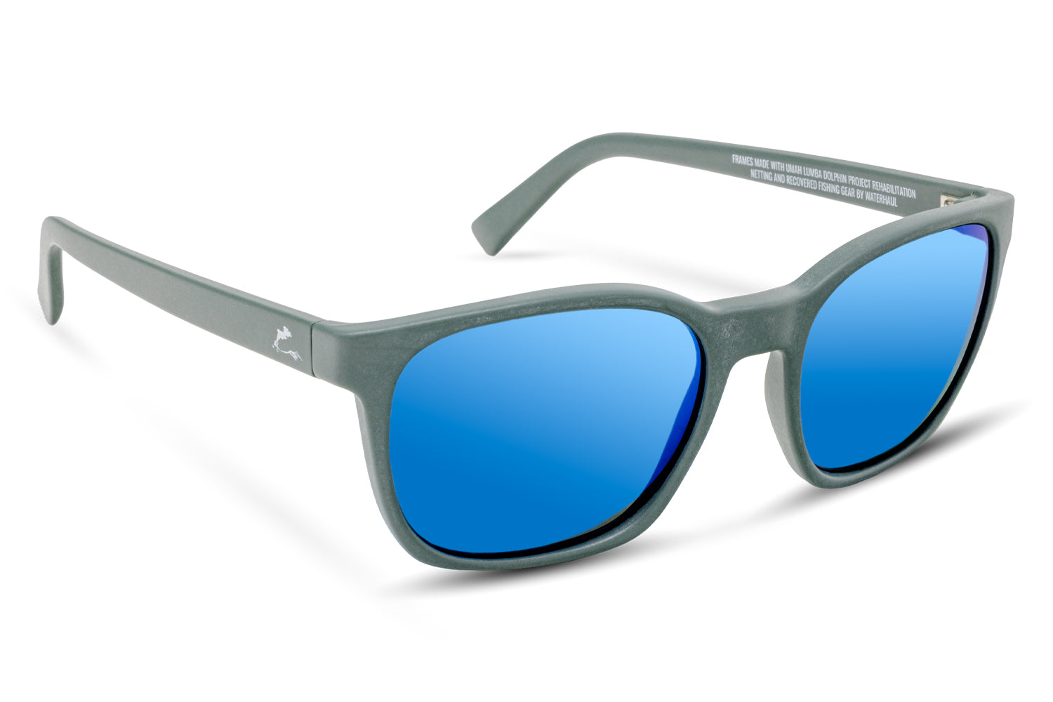 Grey sunglasses with blue lenses and Dolphin Project branding on a white background.