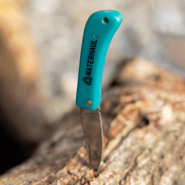 Pocket knife with teal handle on wooden background