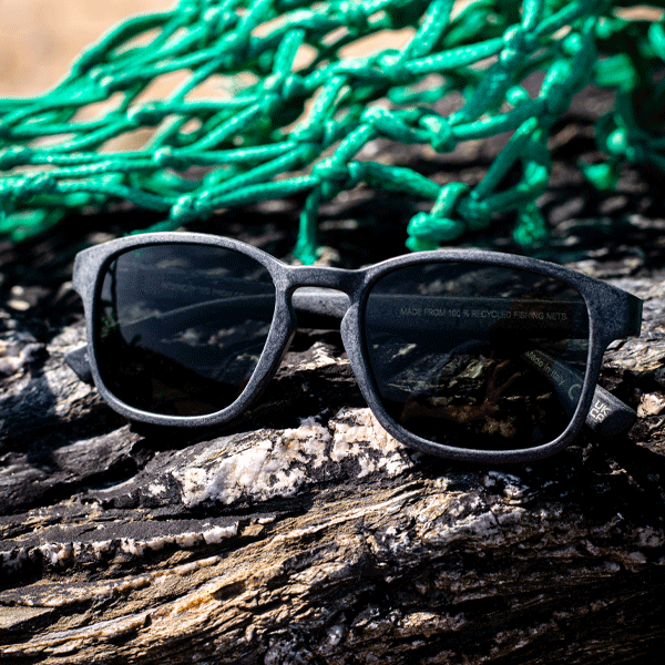 Black sunglasses on a rocky surface with green fishing net in the background