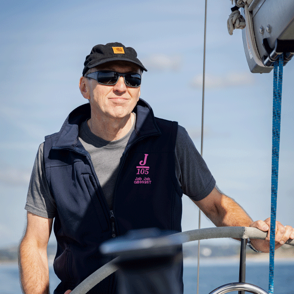 Man on a sailboat wearing sunglasses and a cap, with a clear sky background