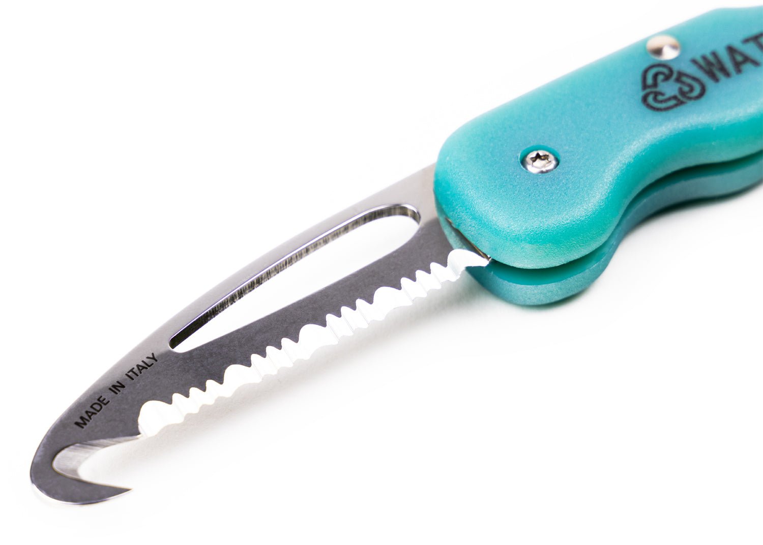 Close up of hooked end pocket knife blade, showing serrated section, shackle key and turquoise handle.