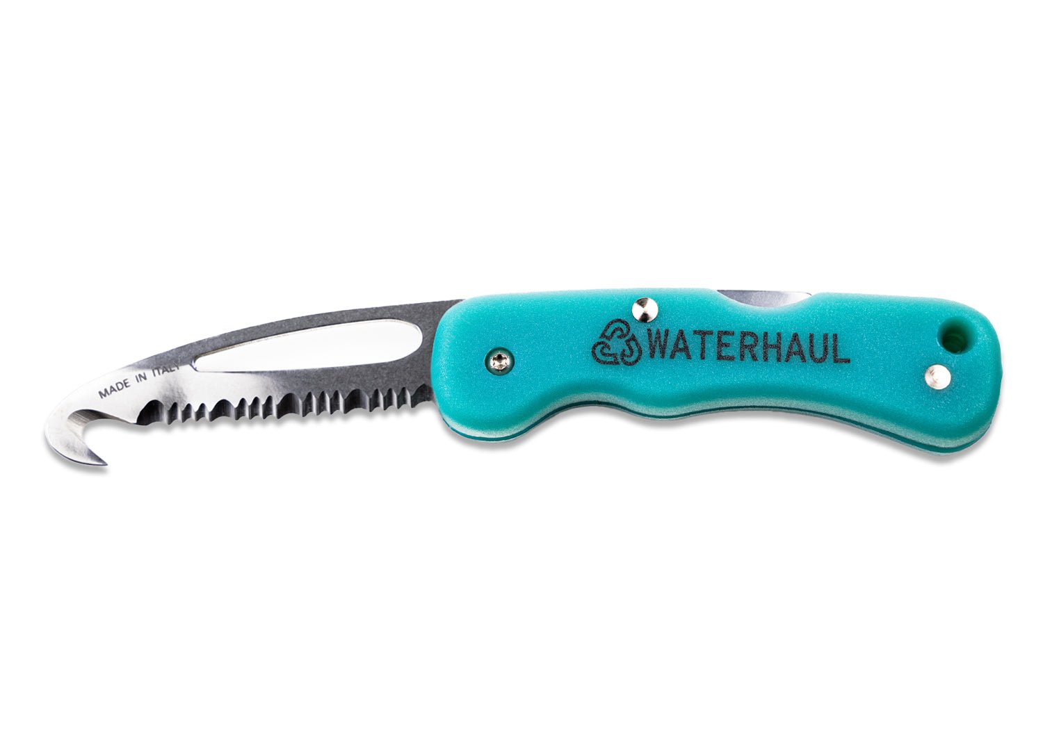 Side view of folding pocket knife with a turquoise handle and silver serrated hooked end blade, 'Waterhaul' inscribed on the handle.