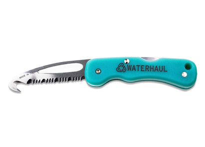 Side view of folding pocket knife with a turquoise handle and silver serrated hooked end blade, 'Waterhaul' inscribed on the handle.