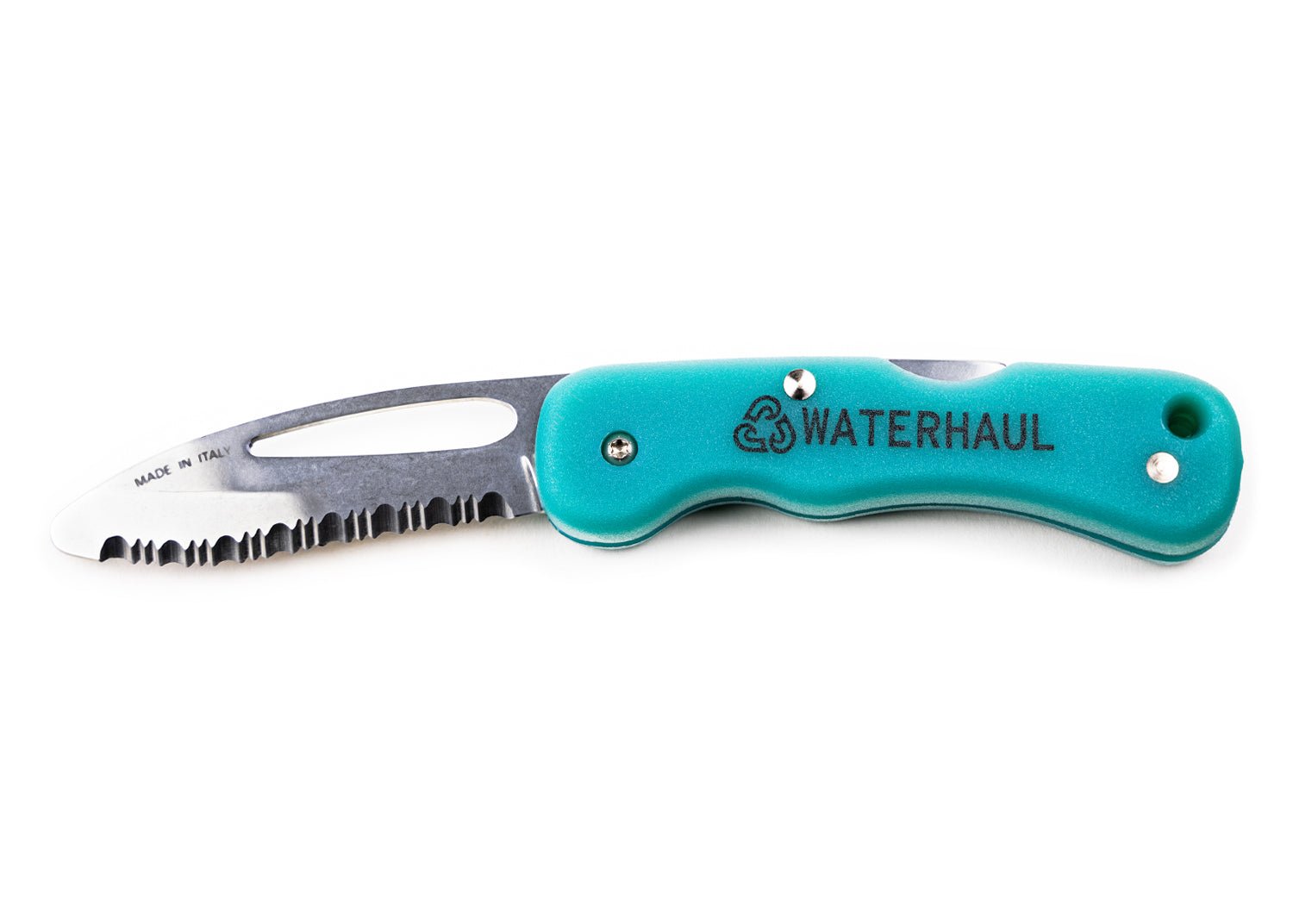 Side view of folding pocket knife with a turquoise handle and silver serrated rounded end blade, 'Waterhaul' inscribed on the handle.