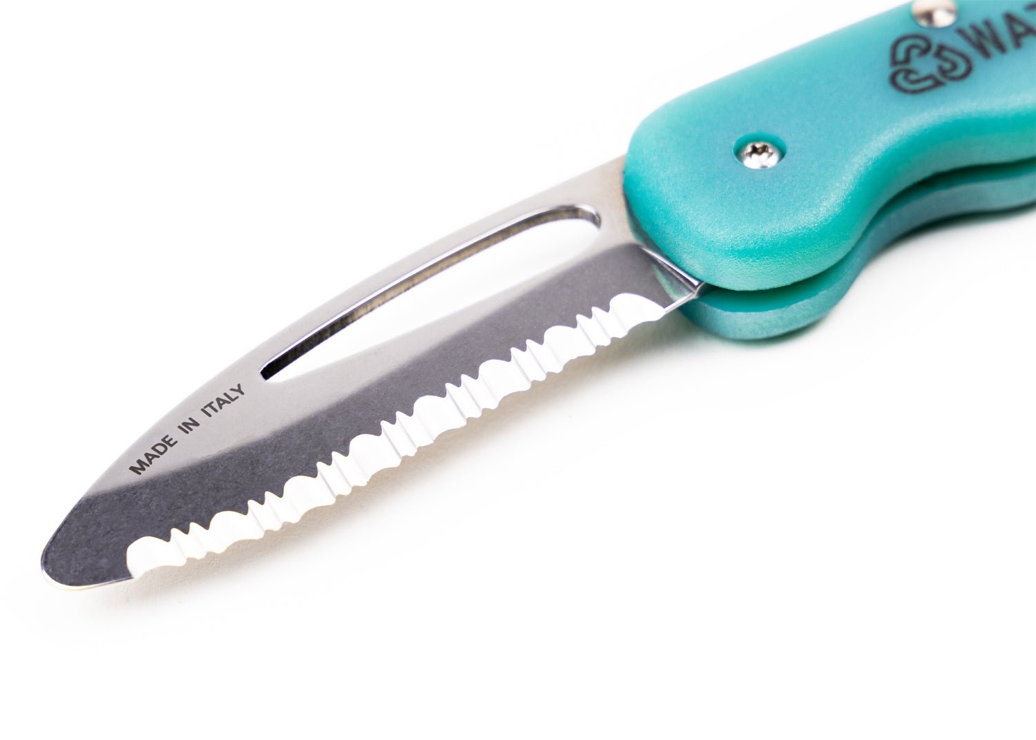 Close up of blunt-tip safety pocket knife blade, showing serrated section, shackle key and turquoise handle.