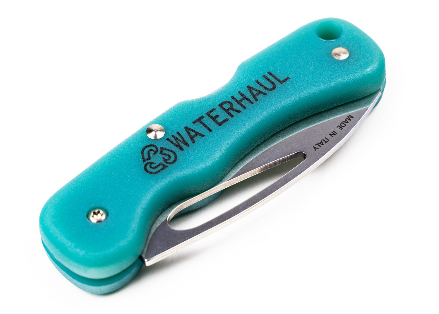 Close up of folding pocket knife with a turquoise handle with blade folded away to show portability, 'Waterhaul' inscribed on the handle.