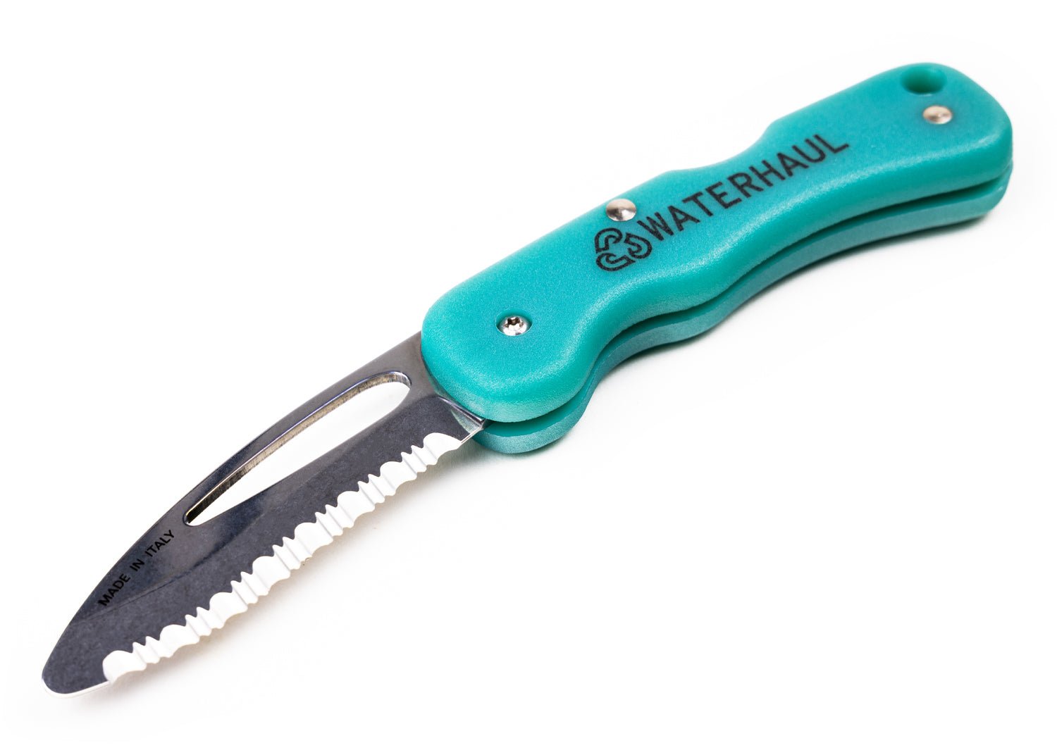 A folding pocket knife with a turquoise handle and silver blade, featuring a serrated edge with a rounded tip blade, and sailing shackle key with the brand name 'Waterhaul' inscribed on the handle.