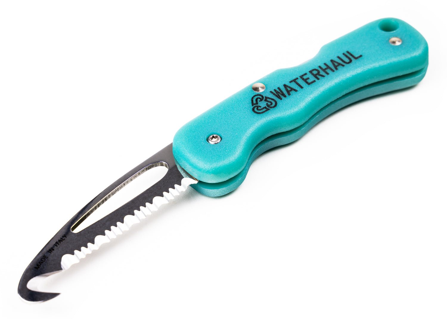 A folding pocket knife with a turquoise handle and silver blade, featuring a serrated-edged hook end blade, and sailing shackle key with the brand name 'Waterhaul' inscribed on the handle.