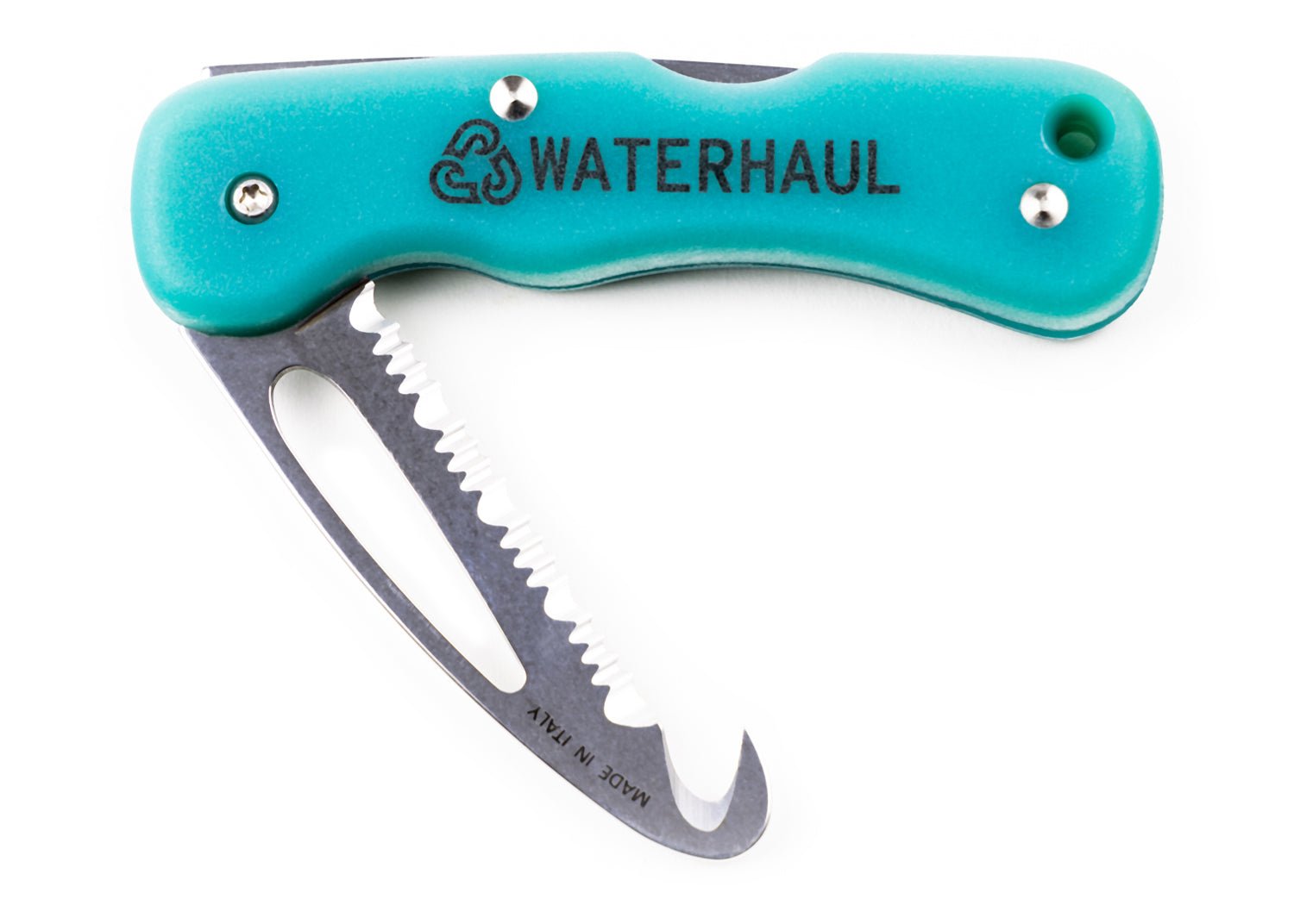 Folding pocket knife with a turquoise handle showing serrated hooked blade half open, 'Waterhaul' inscribed on the handle.