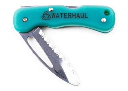 Folding pocket knife with a turquoise handle showing serrated blunt-tip safety blade half open with shackle key, 'Waterhaul' inscribed on the handle.