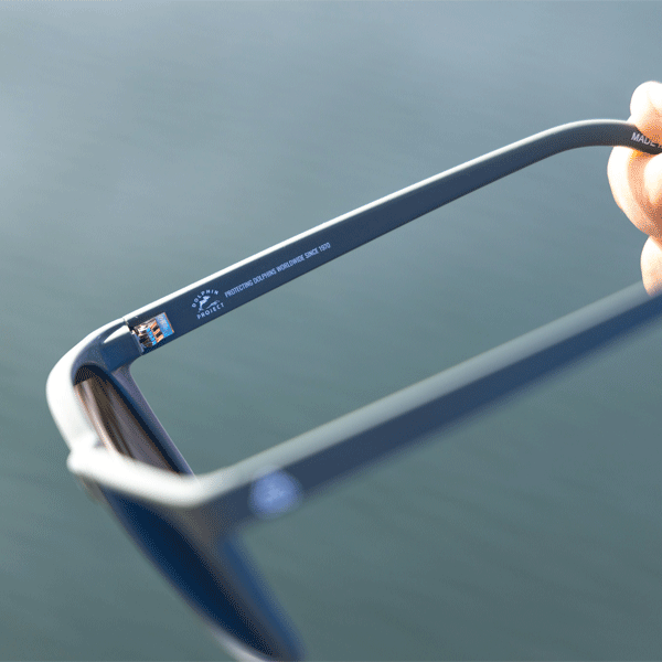 Blue eyeglasses with Dolphin Project branding held by a hand with a blurred background