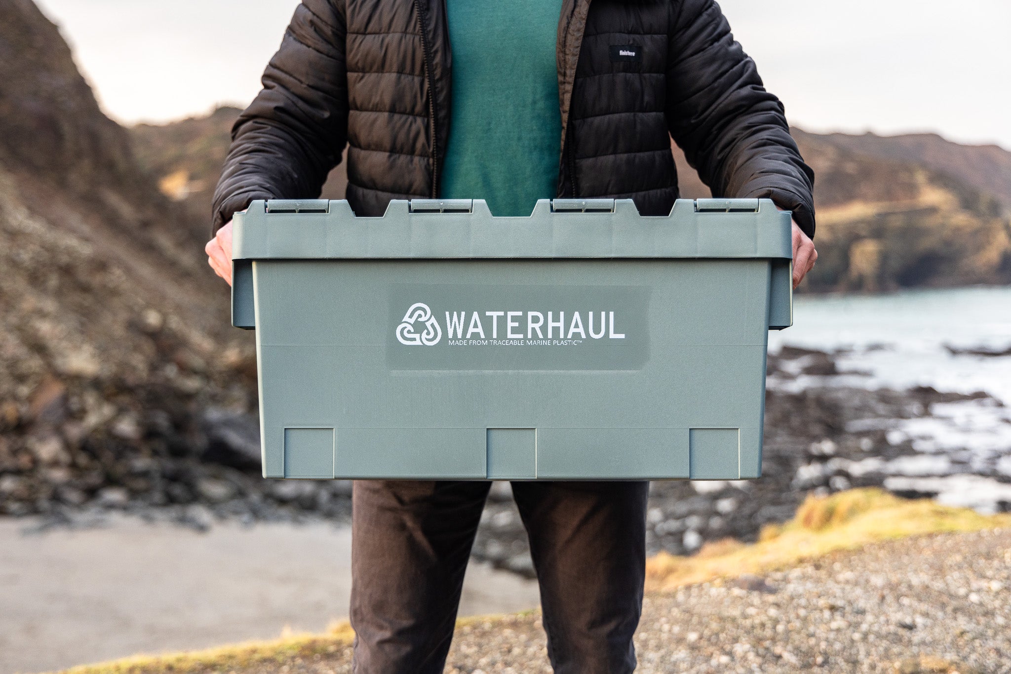 Stackable and nest-able eco-friendly storage box, crafted in the UK from recycled ocean plastic for outdoor enthusiasts.