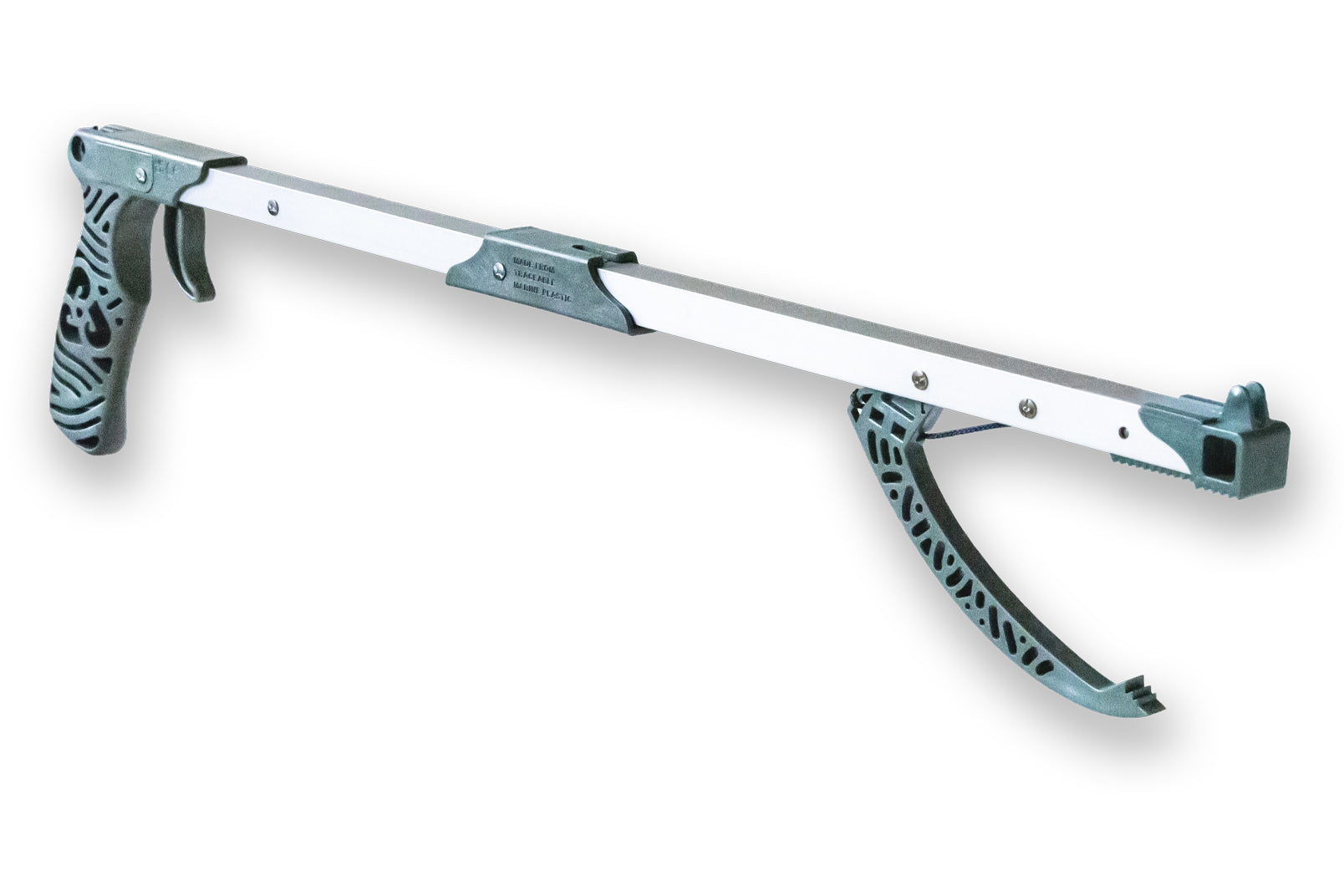 A 22 inch folding litter picker designed for children, with a silver body and green handle and jaw.