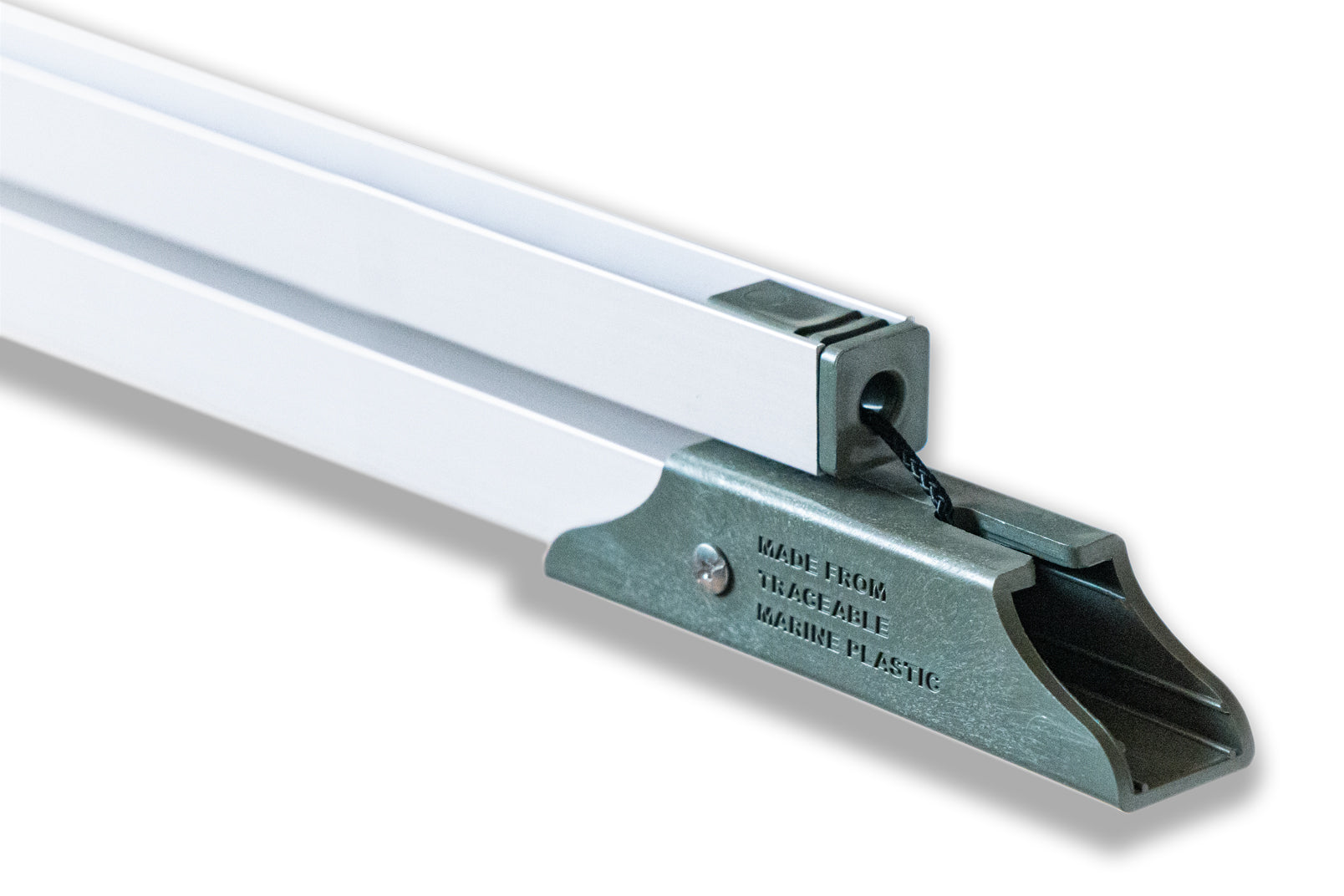 Close up of the green recycled ocean plastic hinge for this children's folding litter picker.