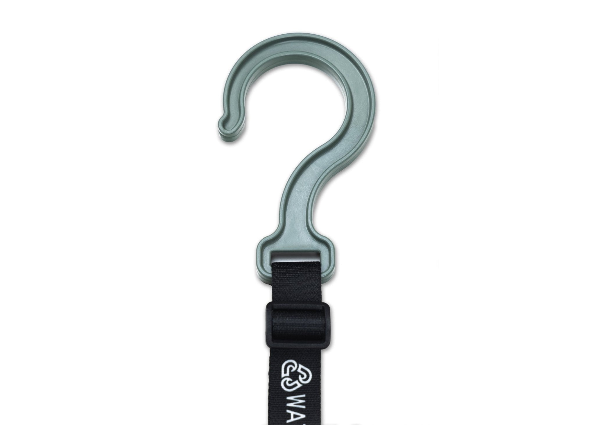 Close-up of wetsuit hanger hook crafted from ocean-recycled plastic, showing durable build for heavy water sports gear.