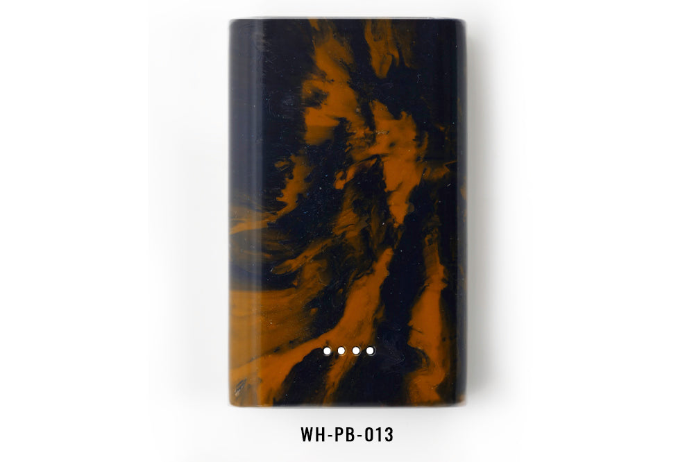 Blue and orange power bank with marbled design on a white background